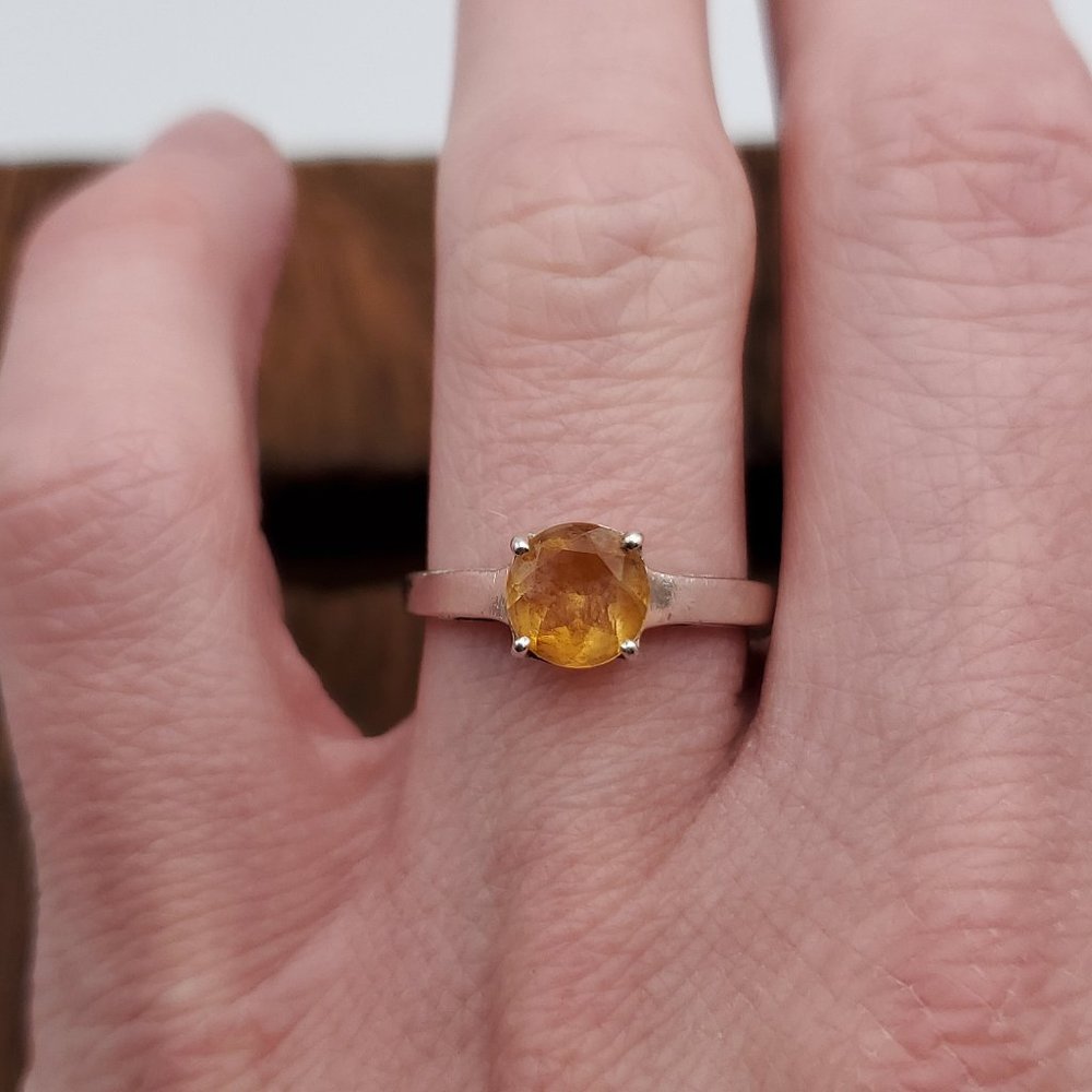 Size 6.75 925 Sterling Silver Round Orange Yellow Citrine Gemstone Ring